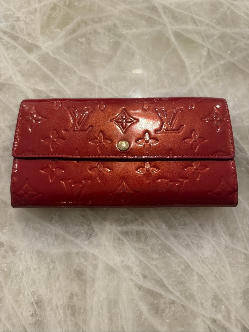 Authentic Louis Vuitton Monogram Vernis Sarah Long Bifold Wallet Red